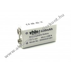 9V Block Akkumultor Micro-USB aljzattal, 6F22, 6LR61, Li-Ion, 8.4V, 650mAh mikro USB kbellel