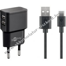 USB-C tltkszlet 2,4 A, tpegysg 2 USB-porttal s USB Type-C 1m-es kbellel (fekete)