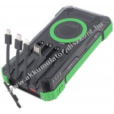 Napelemes Powerbank 20000mAh, Qi gyorstlts, LED vilgts, ngy kbellel, zld