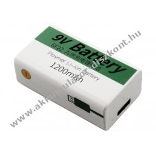 9V 6F22 Li-ion Block Akkumultor, 1200mAh, USB-C csatlakozval, kbel nlkl