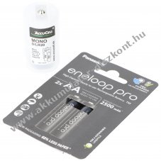 Panasonic eneloop Mignon, AA Akkumultor Ni-MH, 1.2V, 2500mAh 2db/csom. +  Mono, D, LR20 adapter