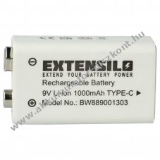 EXTENSILO 9V Block Akkumultor USB-C aljzat, 6F22, 6LR61, Li-Ion, 8.4V, 1000mAh kbel nlkl