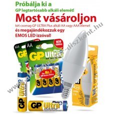 2 csomag GP elem Ultra Plus AAA 4db/csom. + 1db EMOS LED izz - a kszlet erejig!!!