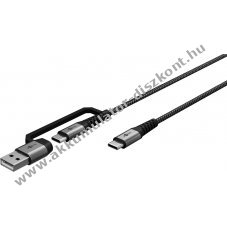 USB-C kbel szvetbortssal, 3m, szrke, USB-A adapterrel - A kszlet erejig!