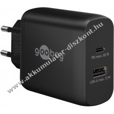 Hlzati USB-C gyorstlt, 65W, 1db USB-C, 1db USB-A port, fekete