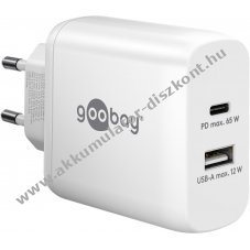 Hlzati USB-C gyorstlt, 65W, Power Delivery, 1db USB-C, 1db USB-A port, fehr