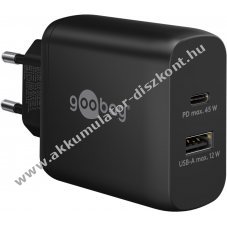 Hlzati USB-C gyorstlt, 45W, Power Delivery, 1db USB-C, 1db USB-A port, fekete