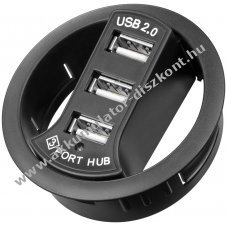 Asztalba ptett 3 portos USB HUB, fekete