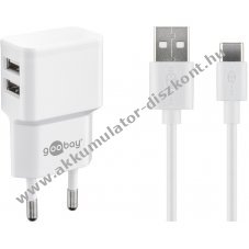 Goobay 12W USB-C dupla t�lt�k�szlet 2x USB-A csatlakoz� USB-C k�bel 1m feh�r