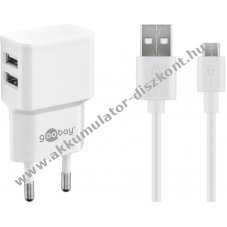 Goobay 12W Micro-USB dual t�lt�k�szlet 2xUSB 1m feh�r
