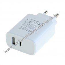 OTB k�tportos USB t�lt� USB-C+USB-A 20W USB Power Delivery feh�r