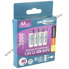Ansmann Mignon AA 1.5V li-ion Akkumul�tor, 1800-2000 mAh, USB-C t�lt�k�bellel, 4 db/csomag