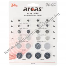 Arcas gombelem v�log. 24db/csomag CR1620/CR2016/CR2025/CR2032 AG1/3/4/5/8/10/12/13 alk�li l�tium
