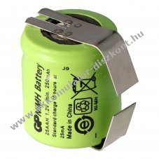 GP NiMH Akkumul�tor 1,2V 250mAh 1/3 AA Mignon U-form�s forraszt�f�l