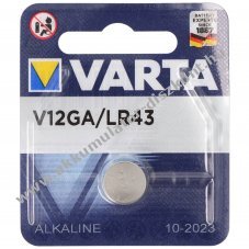 Varta V12GA LR43 alk�li gombelem 1,55V 80mAh