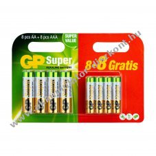 GP Super Alkaline AAA (mikro) �s AA Mignon ceruza elem 1,5V 8+8db/csomag hagyom�nyos elem alk�li