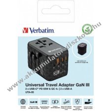 Verbatim univerz�lis utaz� t�lt� GaN III 65W 2x USB-C PD 1x USB-A QC