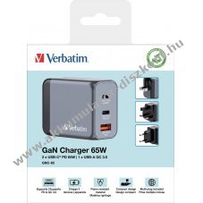 Verbatim univerz�lis GaN t�lt�adapter 65W 1x USB-A QC 2x USB-C PD