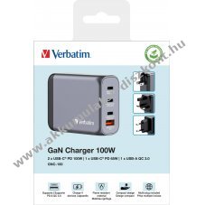 Verbatim univerz�lis GaN t�lt�adapter 100W 1x USB-A QC 3x USB-C PD