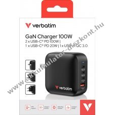 Verbatim Mini GaN t�lt� 100W 1x USB-A QC 3x USB-C PD fekete