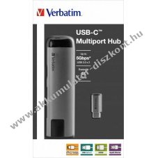 Verbatim USB-C multiport hub 2x USB3.0 HDMI 4K RJ45 Gigabit USB-C t�lt�s 15cm