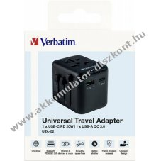 Verbatim univerz�lis utaz� t�lt�adapter 100-250V USB Typ-A QC USB Typ-C PD