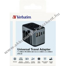 Verbatim univerz�lis utaz� t�lt�adapter 100-250V 2x USB-A 3x USB-C PD/QC