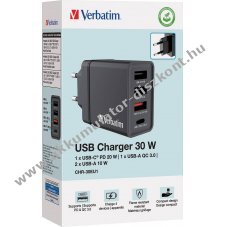 Verbatim 30W GaN t�lt� 2x USB-A 1x USB-A QC 1x USB-C PD fekete