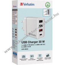 Verbatim t�lt�adapter 30W GaN 2x USB-A 1x USB-A QC 1x USB-C PD feh�r
