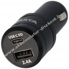 Varta aut�s adapter 12V 2x USB 2,4A �s USB-C 3,0A kimenet