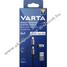 Varta 3in1 USB-A/Micro USB/USB-C/Lightning k�bel 2,0m 12W 480Mbit/s fekete csomag