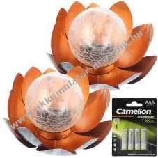 2db dekorat�v napos f�m Lotusvir�g LED melegfeh�r f�ny 4db tartal�k AAA NiMH Akkumul�tormul�torral