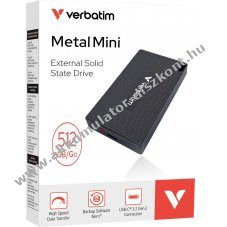 Verbatim SSD 512GB USB 3.2 Gen2 A-C Metal Mini 2000MB/s olvas�s 1750MB/s �r�s sz�rke csomag