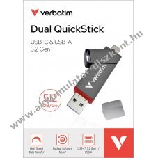 Verbatim QuickStick Dual USB 3.2 Typ-A-C 512GB 550MB/s olvas�s 500MB/s �r�s csomag