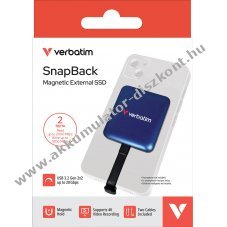 Verbatim SSD SnapBack 2TB USB-C Blue Metallic 2000MB/s olvas�s 1800MB/s �r�s 2db USB-C k�bel csomag