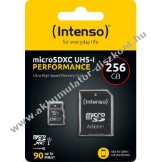 Intenso microSDXC 256GB Performance Class10 U1 90MB/s olvas�s 10MB/s �r�s SD-adapter csomag