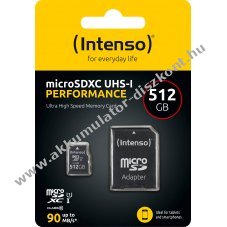 Intenso microSDXC k�rtya 512GB Performance Class10 U1 90MB/s olvas�s 10MB/s �r�s SD-adapter csomag