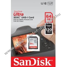 Sandisk Ultra SDXC-k�rtya 64GB Class10 UHS-I 140MB/s 1db/csomag